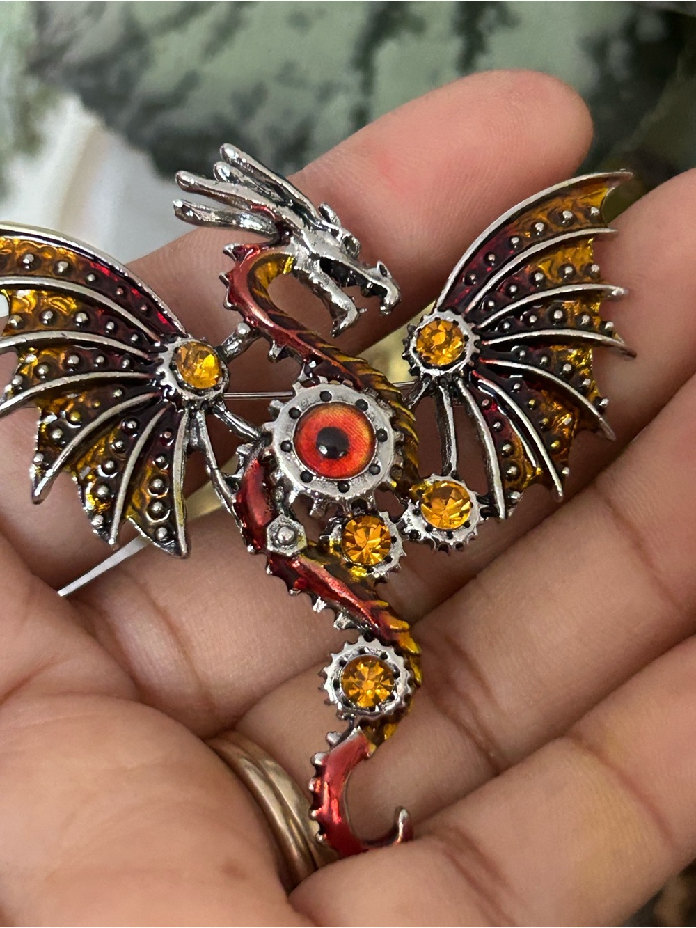 Steampunk Dragon Brooch Pin in Red and Amber